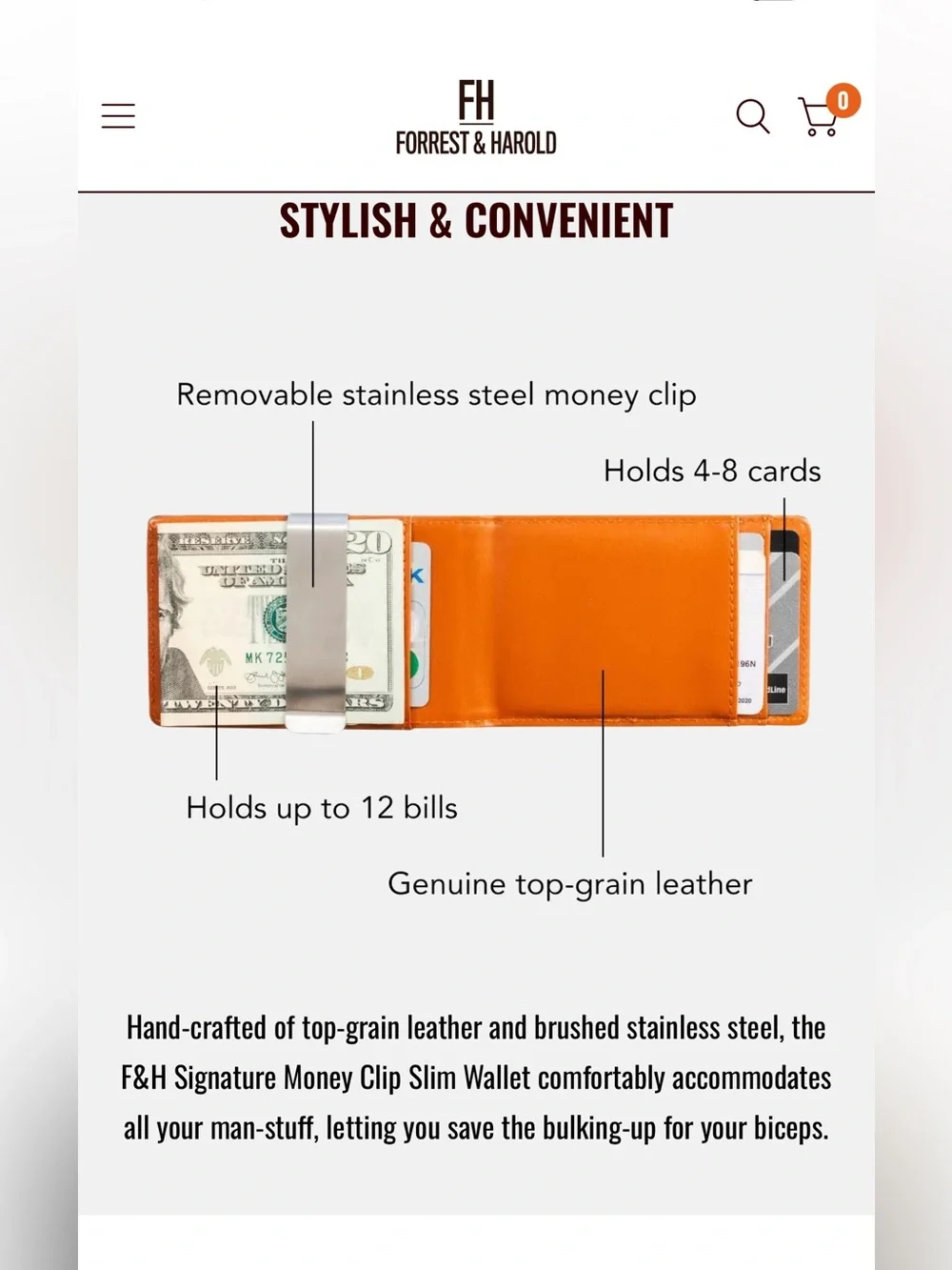 Forrest & Harold Money Clip Slim Wallet in Top Grain Leather in Gift Box